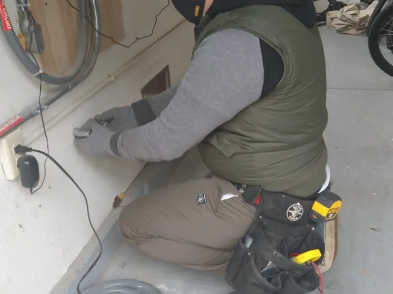 Electrician performing outlet wiring in a Ammon garage